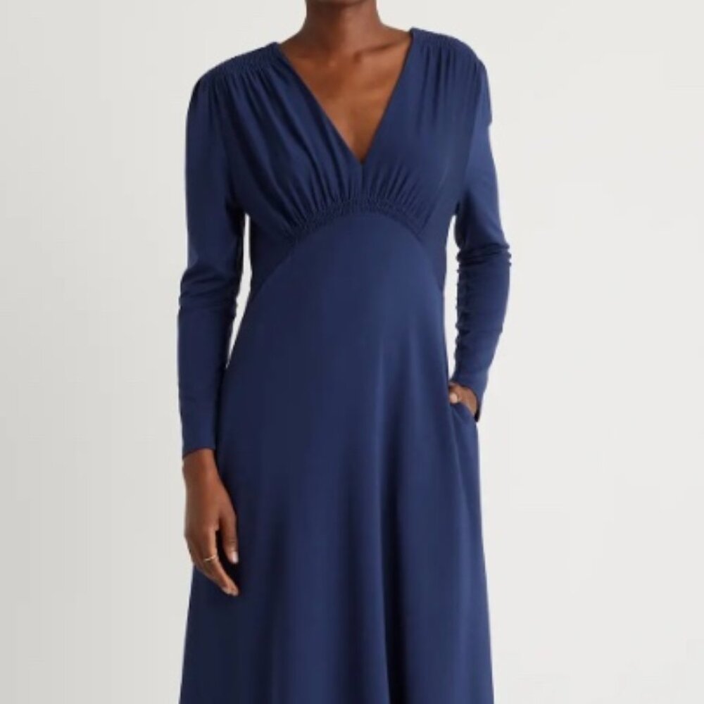 Quince Tencel Jersey V-Neck Long Sleeve Midi Dress Navy Sz S #84 - Picture 3 of 9